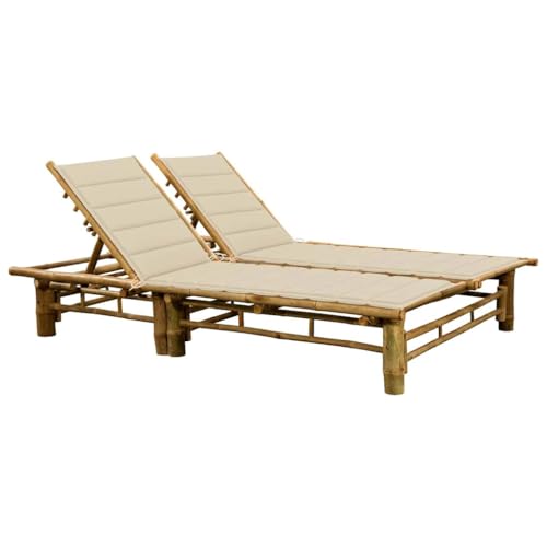 WIOXZS Tumbona de jardín de bambú con cojín beige, tumbona de jardín doble, tumbona plegable para jardín, terraza o balcón, diseño moderno y práctico, 200 x 130 x 87 cm