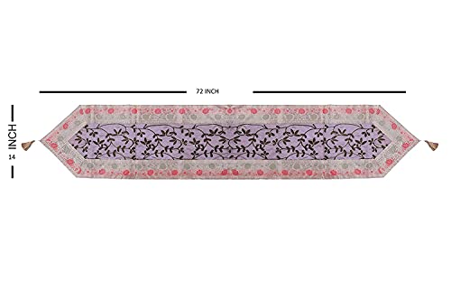 Image of E-EZRA Ari Zari Embroidery Table Runner for Dining Table 6 Seater 72IN Indian Satin Traditional Long Runner Up with Tassels Coffee Tablecloth for Room & Home Decor Runner (Beige)
