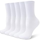 VoJoPi Womens Crew Socks Cotton, 5 Pairs Soft and Moisture Wicking Calf Socks for Work and Casual Sport Wear, Size 5-10, White