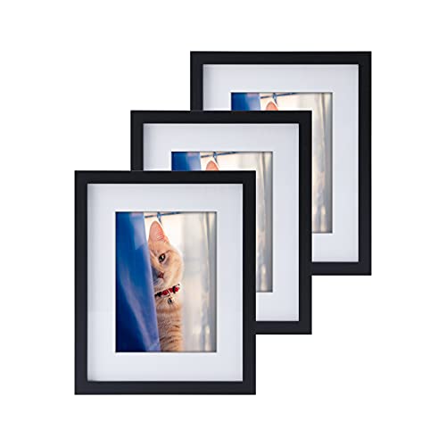 FIRMINANA 8x10 Picture Frame Set of 3, Made of Oak Wood Frame and High Definition Glass for 5x7 with Mat or 8x10 Without Mat, Wall Mounting Photo Frame Black