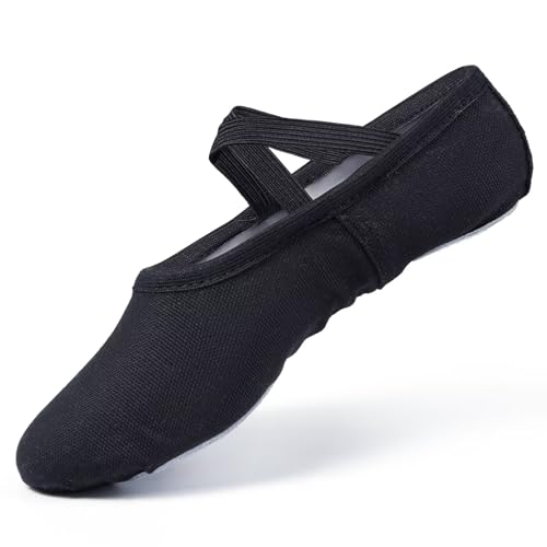 Asyusyu Ballettschuhe Mädchen Leinwand Balettschlappen Kinder Geteilte Sohle Tanzschuhe für Ballett Ballerinas-Schwarz 28EU