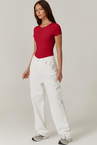 Image of QINSEN Women's Crew Neck Short Sleeve Bodysuit Double Lined Body Suits Basic T-shirt Tops