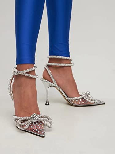 Missheel Rhinestone Bow Heels Clear Pumps Stiletto Ankle Strap Heels With Sparkle Bowknot Sandals For Women Closed Pointed Toe Heels Size 8 #TOP4