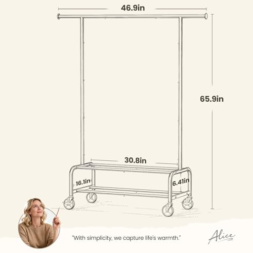 WATIOWL Clothes Rack for Hanging Clothes, Portable Clothing Rack with Wheels Sturdy Garment Organizer Metal Portable Wardrobe Closet with Double Shelves for Bedroom Laundry Living Room, Black — view 5