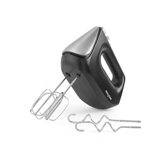 Salter 400W Hand Mixer – Electric Handheld Baking Whisk with 5 Speeds & Turbo Function, Eject to Change Stainless Steel Attachments, Dishwasher Safe Mixing Beaters & Dough Hooks, Cakes, Matte Black