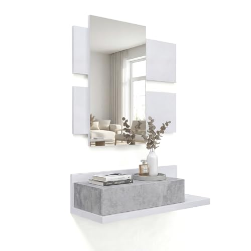 duehome | Recibidor con cajón y Espejo, Mueble de Entrada, Modelo Milo, Acabado en Blanco Artik y Cemento, Medidas: 75 cm (Largo) x 29 cm (Fondo) x 116 cm (Alto)