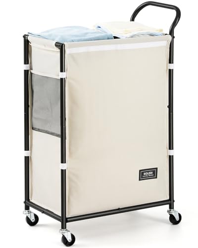 Image of SOLEDI Slim Laundry Hamper with Wheels,23.8 Gallons (87L) Laundry Basket with Lid,Sturdy Metal Frame with Handle,Laundry Cart,Rolling Laundry Basket for Bedroom Aesthetic,Easy to Assemble,Ivory