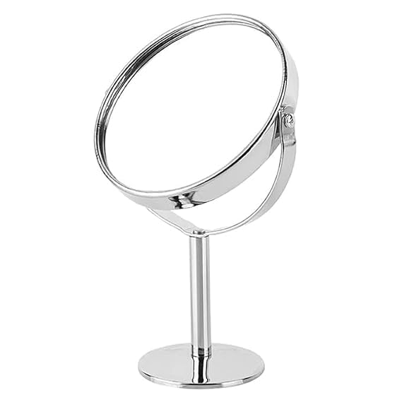 Makeup Mirror Double Sided 5X and 1X Magnifying Silver | Tabletop Vanity Stand, 360° Adjustable Tilt, Chrome Finish, For Men & Women, Oval Shape-image-49