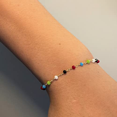 Image of Womens Dainty Gold Chain Bracelet,Simple Layered Chain Bracelets,Beaded Turquoise Bracelet,Charm Crystal Bar,Heart,Karma,Triangle,Pearl Bracelets for Women