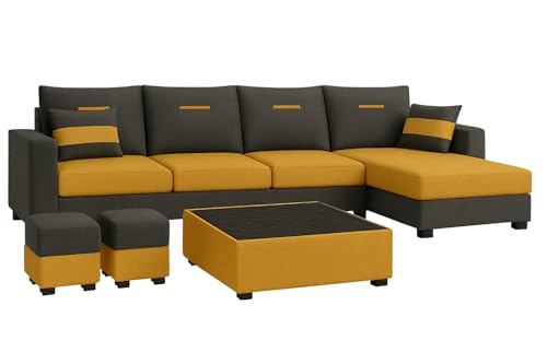 Image of CASASTYLE Dreamon 8 Seater Fabric RHS L Shape Sofa Set with 1 Centre Table & 2 Puffy (Yellow-Dark Grey) | Velvet Finish | Comfortable Sectional Sofa for Living Room