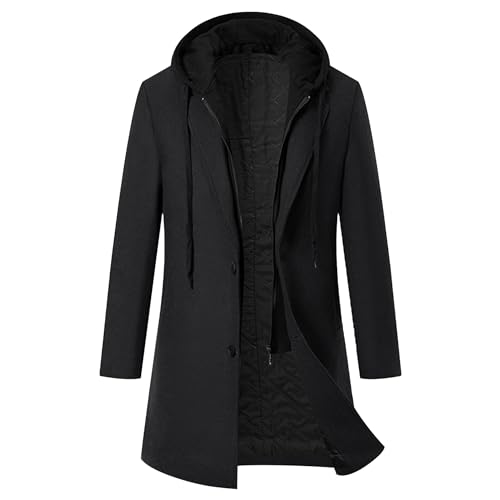 Men's Hooded Wool Peacoat Winter Single Breasted Casual Male Jacket Wool Blend Overcoat with Detachable Hoodie