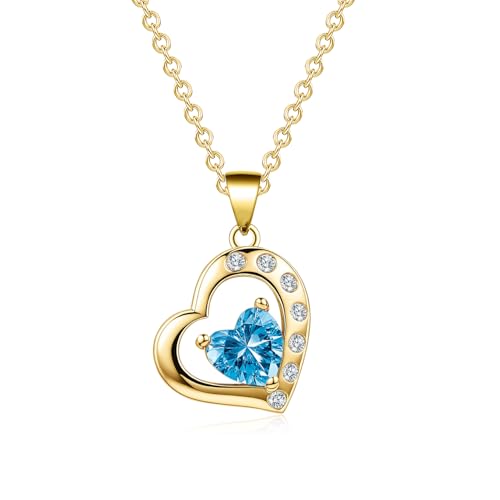 Gold Heart Birthstone Necklace for Women CZ Pendant Gift, Dec. Blue Topaz