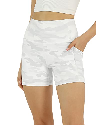 ODODOS Women s 5  High Waisted Pattern Biker Shorts with Pocket, Tummy Control Non See Through Workout Exercise Printed Running Yoga Shorts, White Camo, Medium