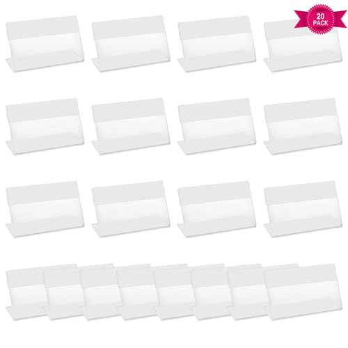 Porte Étiquette Transparent, 20Pcs Affichage du Signe en Acrylique, 8x5,3cm Prix Étiquette Stand, Supports d'Affichage Transparents pour Étagère, Marchandises, Bureau et Siège de Numéro