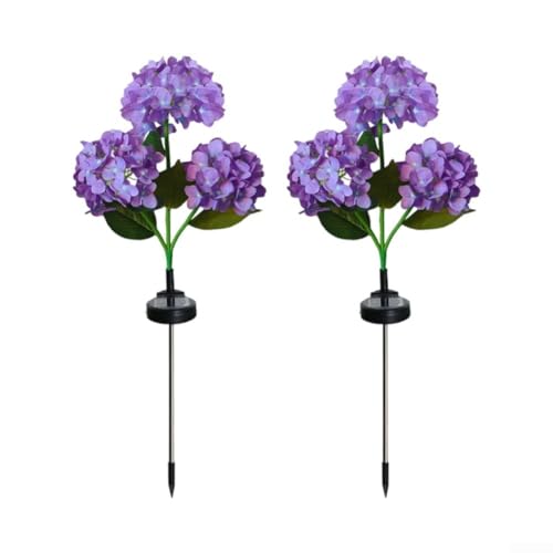 Oniissy Paquete de 2 luces solares de jardín con diseño de hortensias coloridas de 3 cabezales para decoración al aire libre, poste de acero inoxidable y estaca de suelo ABS, automático del anochecer