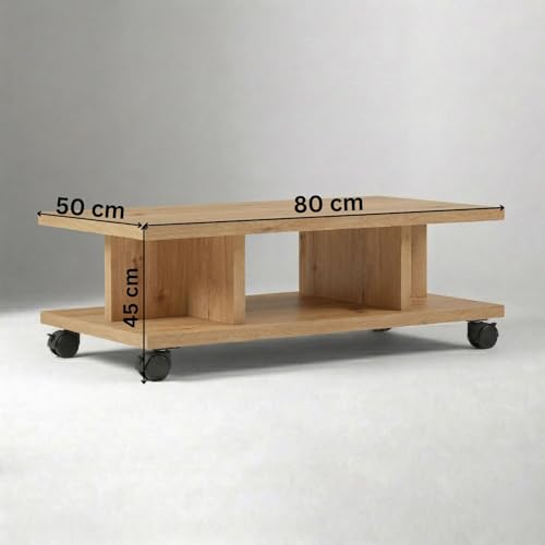 Image of FFO T Shape Center Table with Wheels | 80x50x45 cm Wooden Coffee Table | Modern Living Room Tea Table with Storage Shelf | Engineered Wood Center Table for Home & Office (Oak Finish)