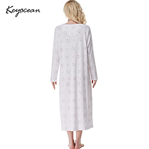 Keyocean Nightgown For Women, Soft 100% Cotton Lightweight Long-Sleeve Older Ladies Nightdress, Purple Floral, Large #TOP1