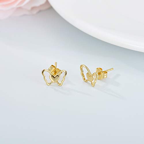 14K Solid Yellow Gold Butterfly Heart Earrings, Real Gold Push Back Stud Earring Love Jewelry For Women, Girls, #TOP2