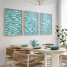 KEMEIQI Set di 3 poster con banco di pesci, tema marino blu, decorazione da parete, stile nautico da spiaggia, stile boho, dipinti su tela per la decorazione della stanza (70x110cmx3/senza cornice)