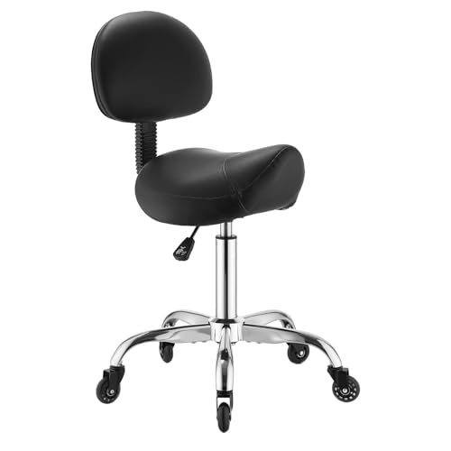 VEVOR Saddle Stool with Back Support, 500 lbs Weight Capacity, Height Adjustable, Quiet Casters, Ergonomic PU Leather Seat, 360° Swivel Saddle Stool Rolling Chair for Salon, Spa, Bar, Medical, Black