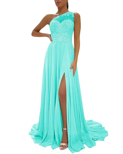 Image of LANGKAAO One Shoulder Lace Bridesmaid Dresses Long for Wedding A-Line Chiffon Slit Formal Party Gown with Pockets