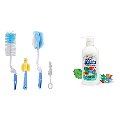 Image of SYGA 4 Pcs Baby Milk Bottle Nipple Straw Brush Sponge Nylon Cleaning Brush Cleaner Bottle Tong Set R&Pigeon Liquid Cleanser for Nursing Products (700Ml),Multicolor