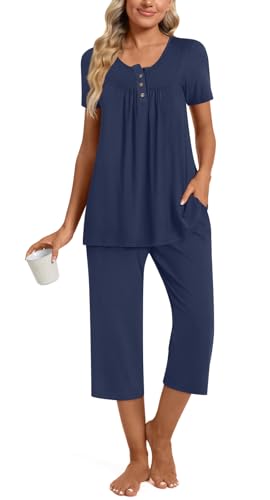 Image of Womens Summer Pajama Sets 2 Piece Short Sleeve Top and Capri Pants Plus Size Ladies Lounge Pjs Sets with Pockets