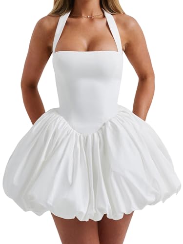 Image of Women's Y2K Sexy Halter Corset Mini Dress Backless Corset Bubble Ruched Waist Club Party Dresses