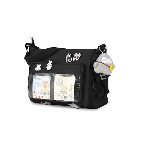 Jnidesier Kawaii Ita Bag with Clear Windows for Women with Pin and Plush Penguin, Cute Aesthetic Messenger Bag Y2K Crossbody Bag Black Fit 15.6 Inch Laptop - Image 7