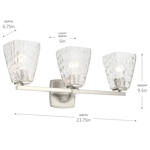 Image of Kichler Marant 21.25 inch 3-Light Bathroom Vanity Light Fixture with Clear Water Glass in Brushed Nickel for Over Mirror, Modern Steel Frame (21.25 inch W x 9.5 inch H), 55216NIWTR
