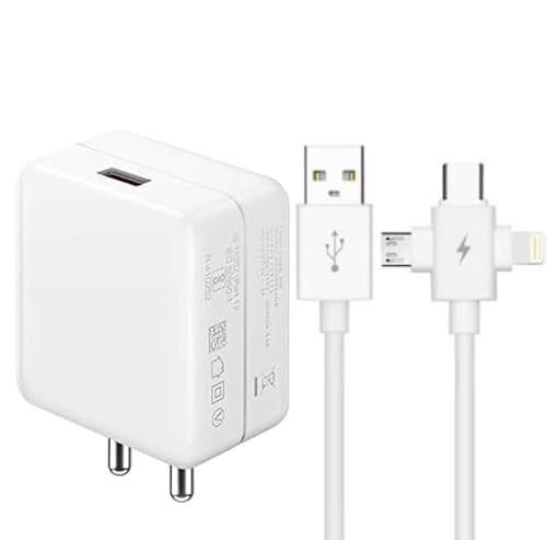 USB Charger with Charging Cable | Fast Charging Adapter Combo (White) | 80W Fast Charging | Compaitible with iOS and Andoird (3 in ONE Cable White)