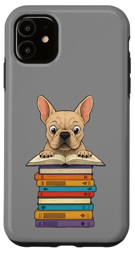 Simpatico Bulldog francese che legge sul mucchio di libri divertente Custodia per iPhone 11