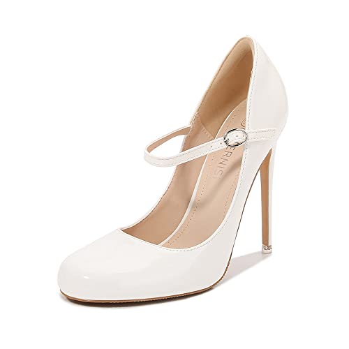 YGJKLIS Tobillera con correa de tobillo para mujer, tacones altos, cabeza redonda, 12 cm, tacones de aguja, de cuero, para vestir de noche, fiesta, zapatos de bombeo, Blanco, 46 EU