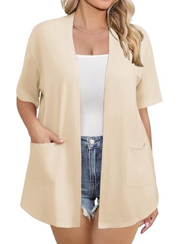 Image of IN'VOLAND Women Plus Size Lightweight Cardigan Short Sleeve Open Front Casual Summer Kimonos Cardigans with Pockets