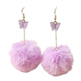 Pom Pom Earrings for Women Faux Fur Ball Drop Dangle Earrings With Butterfly Star Sequin Heart Pink