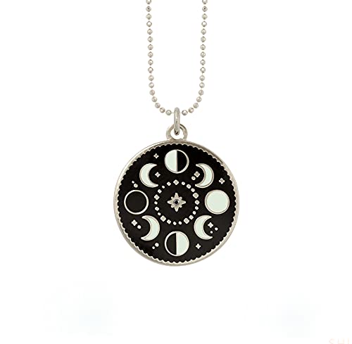 Silver Moon Phase Necklace, moon phase, glow in the dark, moon necklace luminous, moon necklace, glowing, luminous enamel, galaxy necklace, moon (Silver)