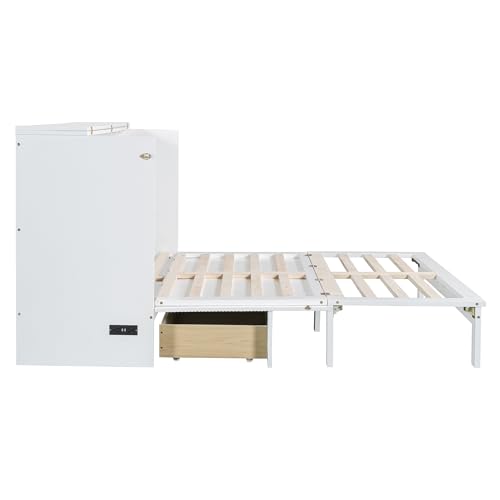 BIADNBZ Queen Size Murphy Bed Cabinet with Charging Station and Large Storage Drawer, Solid Wood Platform Bedframe, Foldable/Space Saving, for Home Office Small Room, White
