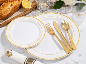 WELLIFE 700 Pcs Gold Plastic Plates for 100 Guests - Disposable Dinnerware Set,Party Supplies Includes 200 Gold Plates,300 Plastic Silverware,100 Napkins,100 Cups for Party and Wedding