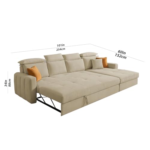 Image of Casaliving Gagnon RHS 6 Seater L Shape Corner Sofa Cum Bed for Living Room (Cream Fabric) Premium Fabric Sofa