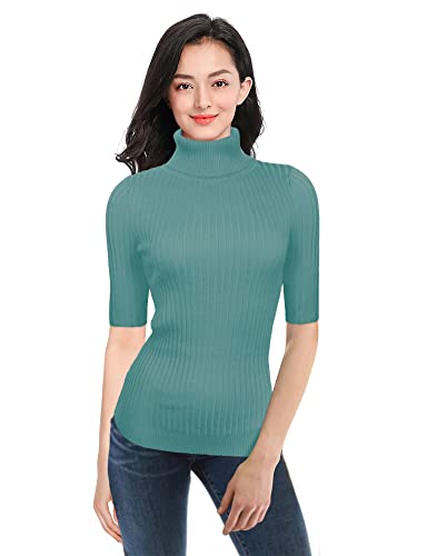 Image of v28 Women Turtleneck 1 /2 Half Sleeve Highly Stretchy Ribbed Knit Fitted Sweater