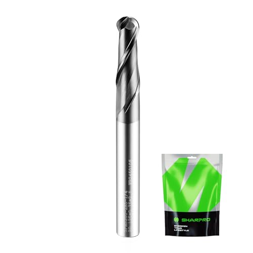 SHARPRO Carbide Ball Nose End Mill 2 Flute 1/4 Inch SHK. and Cutting Dia. 3D Carving, High-Speed and Deep Cutting, AlCrN Coated, Apply for Alloy Steel, Stainless Steel and Various Cast Iron.