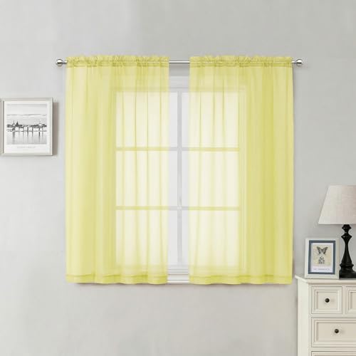 Lecloud Goose Yellow Sheer Curtains 54 Inch Length 2 Panels, Voile Light Filtering Bedroom Curtains for Living Room Windows, Rod Pocket Rustic Solid Drapes for Dining Room, Each Panel 42" W x 54" L