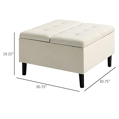 Homcom 30" Square Storage Ottoman, Upholstered Ottoman Coffee Table With Lift Top, Button Tufted And Wood Legs, Accent Footstool For Living Room, Cream White #TOP2