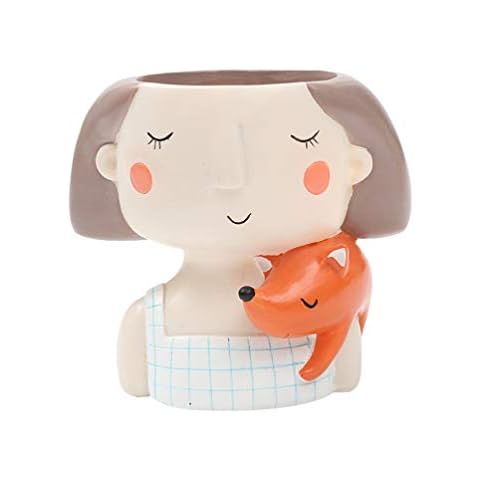 TOYANDONA Mädchen Gesicht Blumentopf Keramik Blumenvase Kaktus Sukkulenten Topf Fuchs Statue Skulptur Vase Kopf Pflanztopf Übertopf Pflanzgefäß Cover