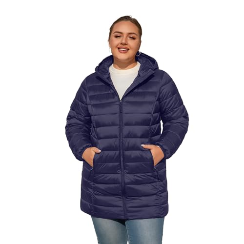 Plus Size Puffer Jacket for Women 1X-7X Water-Resistant Packable Winter Coat Mid-length Lightweight Puffer Coat