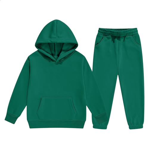 Girl's Boys 2Pcs Solid Color Long Sleeve Pullover Hooded Sweatshirt Set Sweatsuits and Casual Sweatpants with Pocket(Green, 12-13 Years)
