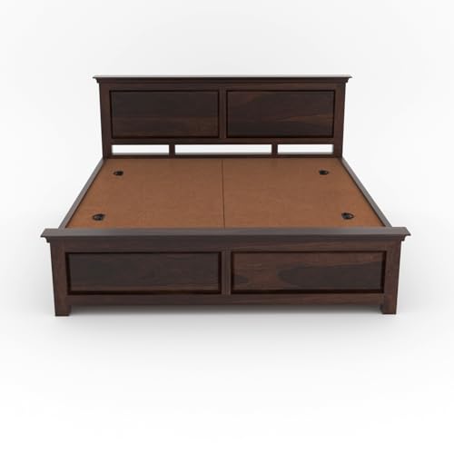 Image of Sheesham Wood Queen Size Bed with Storage Box | Wooden Box Bed Queen Size Double Cot Bed with Storage for Bedroom | Premium 2 Dalla Design Headboard Bed for Living Room | Walnut Finish