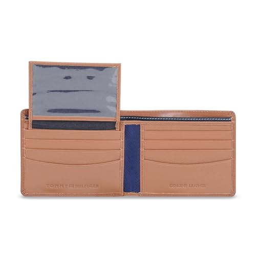 Image of Tommy Hilfiger Men's Leather Wallet Anapolis | Printed Tan Passcase Bi-Fold with 12 Card Slots, Coin Pocket | Stylish Purse for Gents