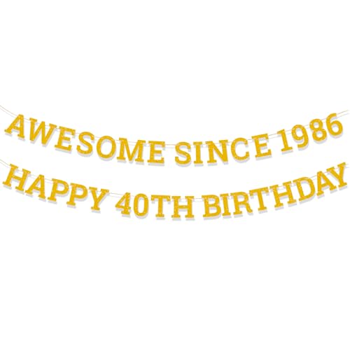 Image of Awesome Since 1986 Banner, Gold Glitter Happy 40th Birthday Banner Pre-Strung 40th Birthday Decorations for Anniversary Party Decor Supplies