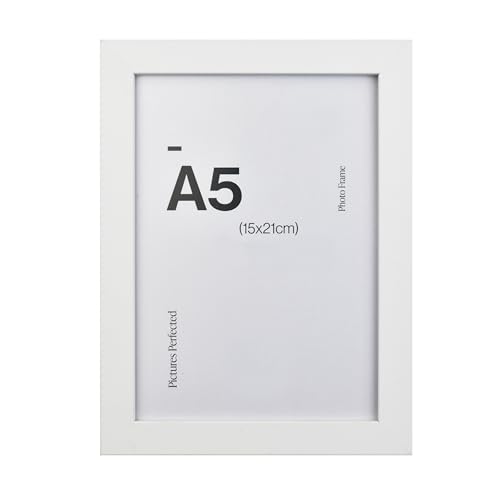 Image of Contemporary White A5 Wooden Picture Frame for A5 (15 x 21cm) Photos or Pictures, Plexi Glass, Freestanding or Wall Mounted Landscape or Portrait